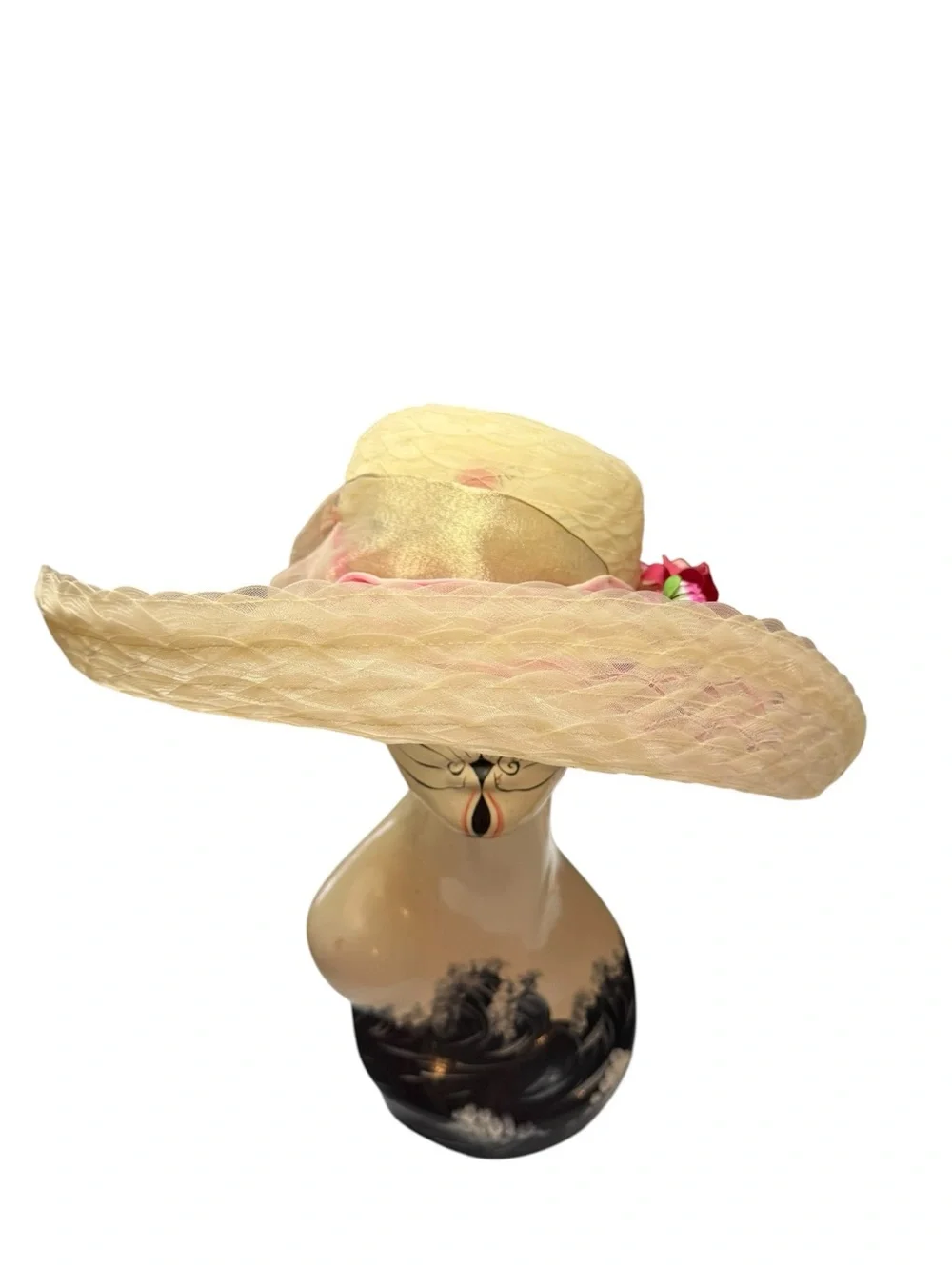 NWT Eric Javits Cream Wide-Brim Straw Hat with Pink Yellow Floral 17” - Picture 8 of 13